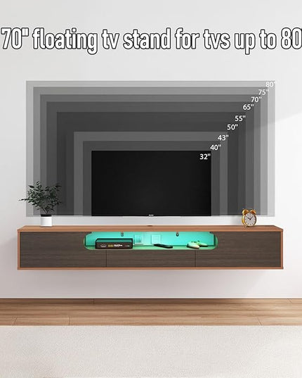 Pmnianhua Floating TV Stand with LED Lights,70'' Wall Mounted TV Cabinet Floating under TV Shelf Media Console Entertainment Center with Storage Living Room Playroom Bedroom(walnut) - LeafyLoom