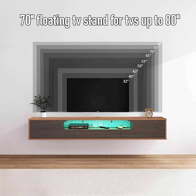 Pmnianhua Floating TV Stand with LED Lights,70'' Wall Mounted TV Cabinet Floating under TV Shelf Media Console Entertainment Center with Storage Living Room Playroom Bedroom(walnut) - LeafyLoom