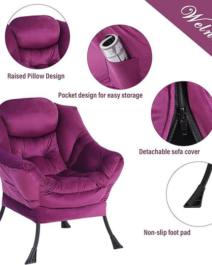 Welnow Lazy Chair with Ottoman, Modern Lounge Accent Chair with Armrests and a Side Pocket, Leisure Sofa Chair Set, Reading Chair with Footrest for Small Space, Corner Chair, Dark Purple - LeafyLoom