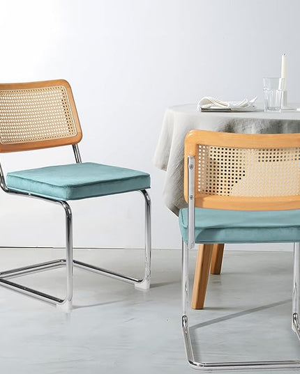 Dining Chair Set of 2, Mid-Century Modern Rattan Dining Chairs with Metal Chrome Legs, Natural Cane Backrest Upholstered for Home Kitchen，Dining Room and Patio, Aqua Blue - LeafyLoom