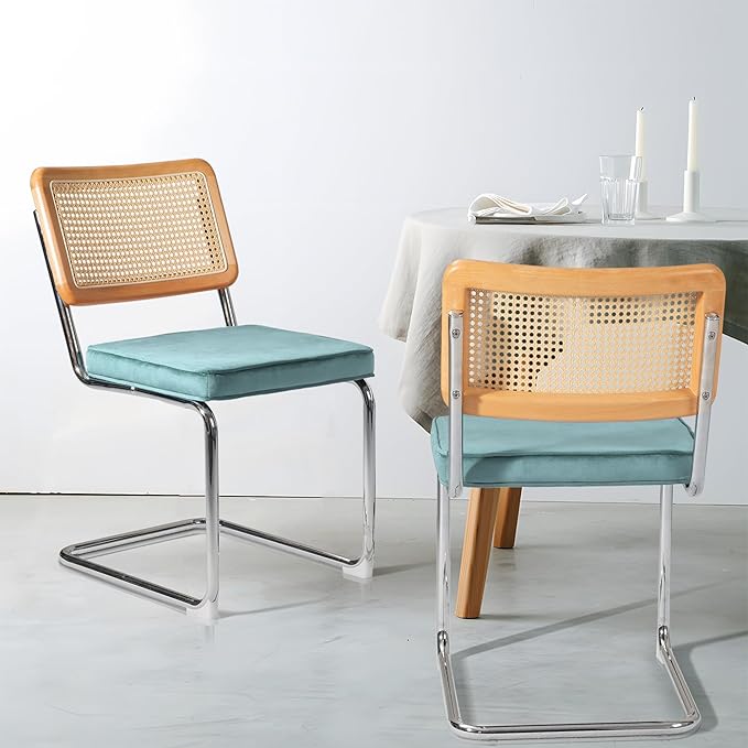 Dining Chair Set of 2, Mid-Century Modern Rattan Dining Chairs with Metal Chrome Legs, Natural Cane Backrest Upholstered for Home Kitchen，Dining Room and Patio, Aqua Blue - LeafyLoom