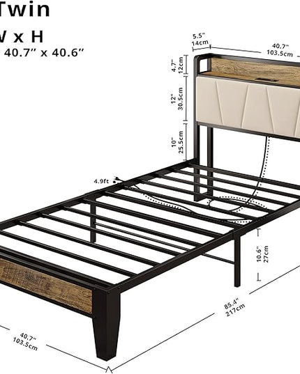LIKIMIO Twin XL Bed Frames, Storage Headboard with Charging Station, Solid and Stable, Noise Free, No Box Spring Needed, Easy Assembly (Walnut and Beige) - LeafyLoom