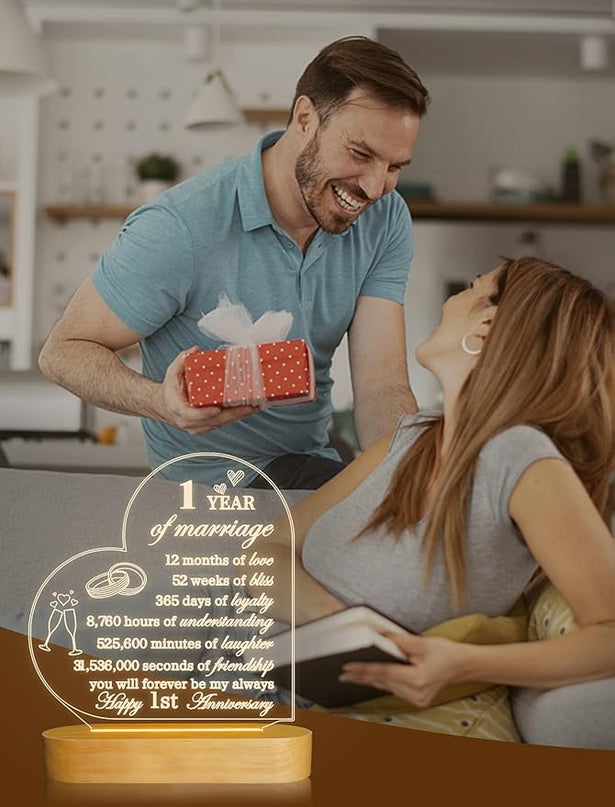 FULLOSUN Anniversary Wedding Gifts for Him/Her, I Love You Night Light 3D Illusion Lamp for Couple Wife Husband Romantic Valentines Wedding Day Present (1st) - LeafyLoom