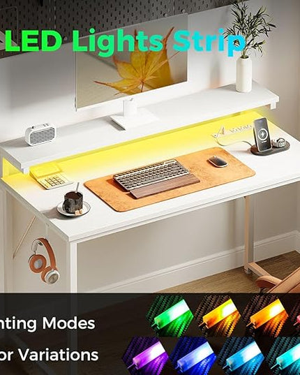 AODK Small Desk, 40 Inch Gaming Desk with LED Lights and Power Outlet, Computer Desk with Adjustable Monitor Shelf (3 Heights), Home Office Table Study Desk Compact Desk for Small Space, White - LeafyLoom