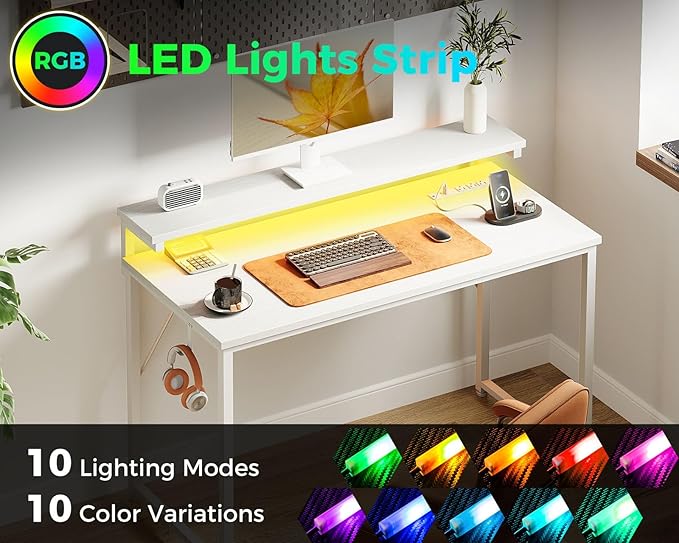 AODK Small Desk, 40 Inch Gaming Desk with LED Lights and Power Outlet, Computer Desk with Adjustable Monitor Shelf (3 Heights), Home Office Table Study Desk Compact Desk for Small Space, White - LeafyLoom