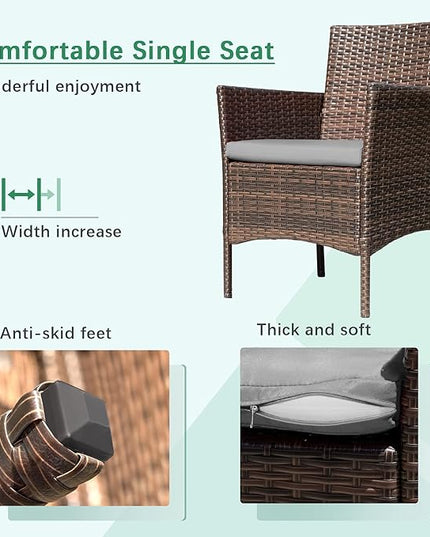 Greesum Patio Furniture 4 Pieces Conversation Sets Outdoor Wicker Rattan Chairs Garden Backyard Balcony Porch Poolside loveseat with Soft Cushion and Glass Table, Brown and Gray - LeafyLoom