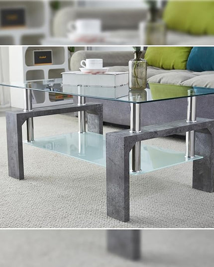 Coffee Table - Rectangle Glass Coffee Table with Simple and Classical Inspired Design, Easy Assembly for Modern Living, 39.5 * 23.5 * 17.5 inches (Grey Marble) - LeafyLoom