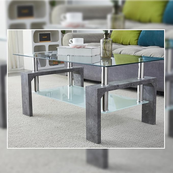 Coffee Table - Rectangle Glass Coffee Table with Simple and Classical Inspired Design, Easy Assembly for Modern Living, 39.5 * 23.5 * 17.5 inches (Grey Marble) - LeafyLoom