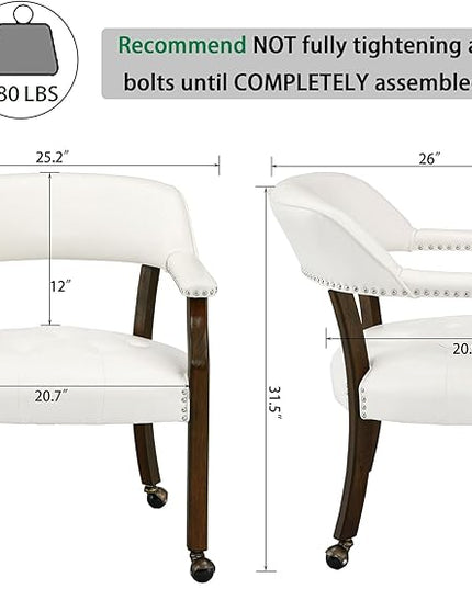 Large Dining Chairs with Casters and Arms, Rolling Dining Chairs with Wheels, Accent Solid Wood Boss Caption's Chairs, 26" D x 25.2" W x 31.5" H, Espresso Legs & Ivory PU SY-318-WT - LeafyLoom