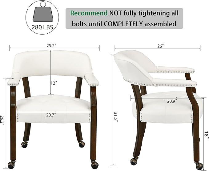 Large Dining Chairs with Casters and Arms, Rolling Dining Chairs with Wheels, Accent Solid Wood Boss Caption's Chairs, 26" D x 25.2" W x 31.5" H, Espresso Legs & Ivory PU SY-318-WT - LeafyLoom