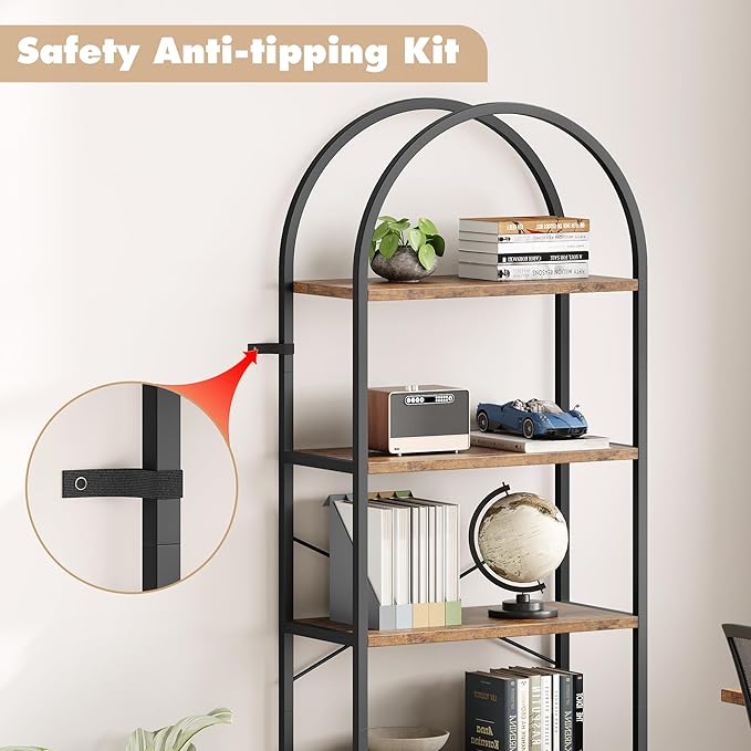 GAOMON 5 Tier Bookshelf Arched Bookcase Modern Standing Bookshelves Tall Display Racks Metal Book Shelf for Bedroom, Living Room, Home Office - LeafyLoom