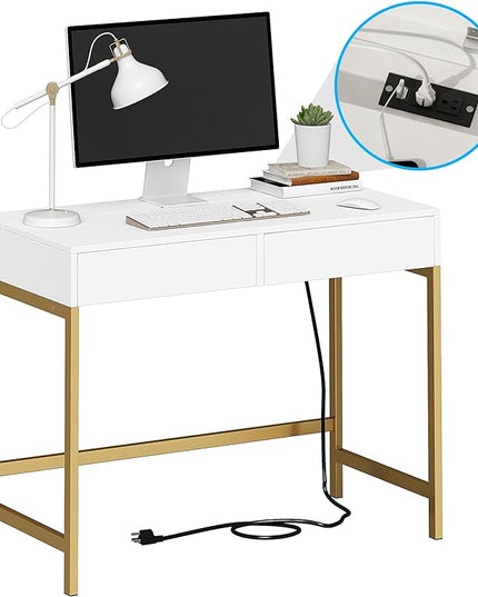 Treocho Computer Desk with USB Charging Ports and Power Outlets, Modern Simple 40 inch Vanity Desk with 2 Drawers, Makeup Table for Home Office, Bedroom, White and Gold - LeafyLoom