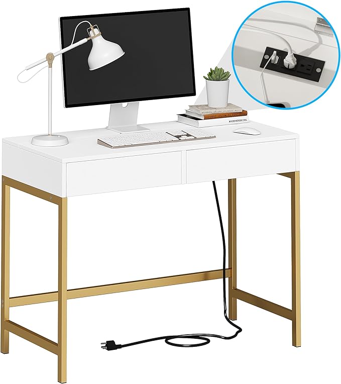Treocho Computer Desk with USB Charging Ports and Power Outlets, Modern Simple 40 inch Vanity Desk with 2 Drawers, Makeup Table for Home Office, Bedroom, White and Gold - LeafyLoom