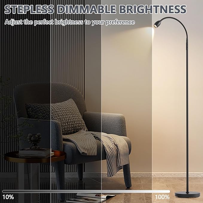 Reading Floor Lamp, 72" Tall LED Lamp with Flexible Gooseneck, Dimmable Zoomable Spotlight, Adjustable Color Beam Standing Lamp, Touch & Remote Control, Task Craft Bedroom Living Room, Matte Black - LeafyLoom