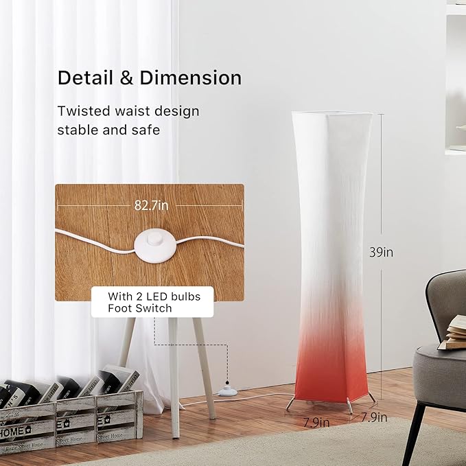 chiphy Floor Lamp, Dimmable 39" (XS) Tall Standing Lamp, 3 Levels Adjustable Brightness LED Bulbs, Column Floor Light, Red Gradient Fabric Lampshade, Home Decor for Living Room, Bedroom, Kids Room - LeafyLoom