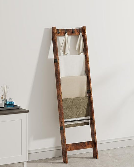 6 Tier Blanket Ladder Shelf for Living Room and Bedroom, Ladder Holder with 4 Metal Hooks, 5.2ft Blanket Quilt Holder Rack, Farmhouse Ladder Rack for Storage and Home Decor, Rustic Brown - LeafyLoom
