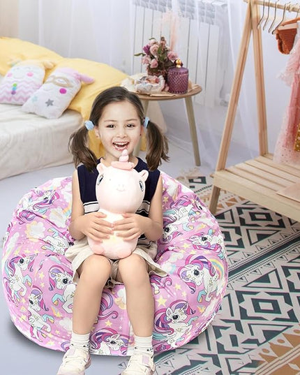 Stuffed Animal Storage Bean Bag Chair Cover, Hold Kids Plush Toys Blankets Towels Beanbag (Cover Only), Canvas Floor Circle Stuff Sit Seat Sofa with YKK Zipper, Large 32", Unicorn - LeafyLoom
