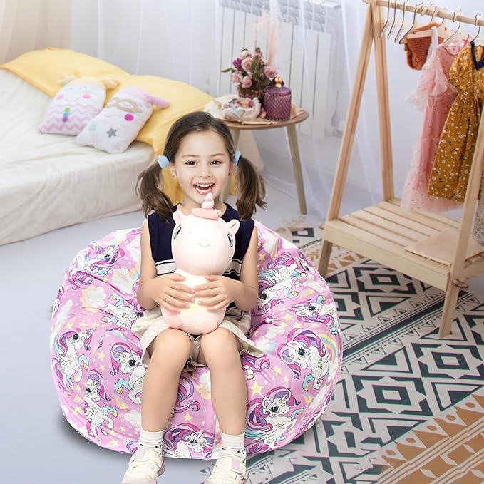 Stuffed Animal Storage Bean Bag Chair Cover, Hold Kids Plush Toys Blankets Towels Beanbag (Cover Only), Canvas Floor Circle Stuff Sit Seat Sofa with YKK Zipper, Large 32", Unicorn - LeafyLoom