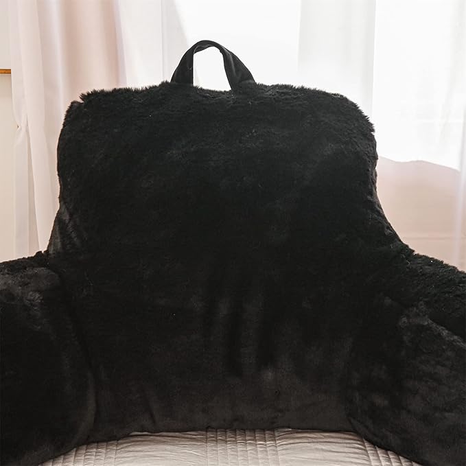 A Nice Night Faux Fur Reading Pillow Bed Wedge Large Adult Children Backrest with Arms Back Support for Sitting Up in Bed/Couch for Bedrest,Black,Large - LeafyLoom