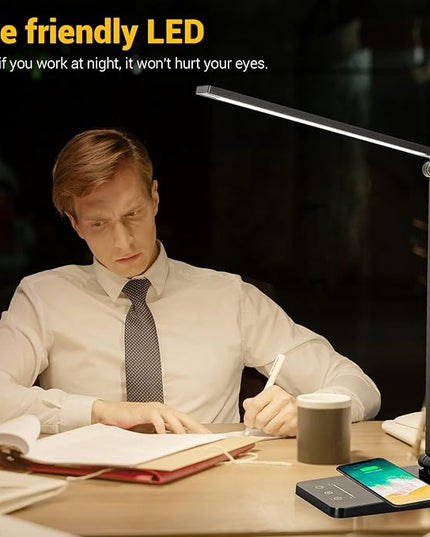 LED Desk Lamp for Home Office, 3 Levels Dimmable Desk Light with USB Charging Port, Small Study Lamp, Reading Light for Table, Deep Black, 5000K - LeafyLoom