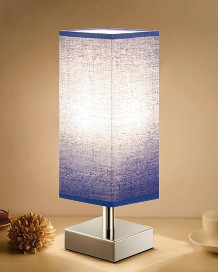Navy Blue Small Lamp for Bedroom - Bedside Lamps for Nightstand, Minimalist Night Stand Lamp with Square Fabric Shade, Desk Reading Lamp for Boys Room Living Room Office with Sliver Base - LeafyLoom