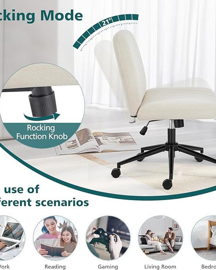 OLIXIS Cross Legged Armless Wide Adjustable Swivel Padded Home Office Desk Chair, Beige with Wheels - LeafyLoom