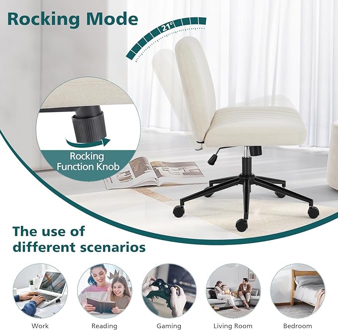OLIXIS Cross Legged Armless Wide Adjustable Swivel Padded Home Office Desk Chair, Beige with Wheels - LeafyLoom