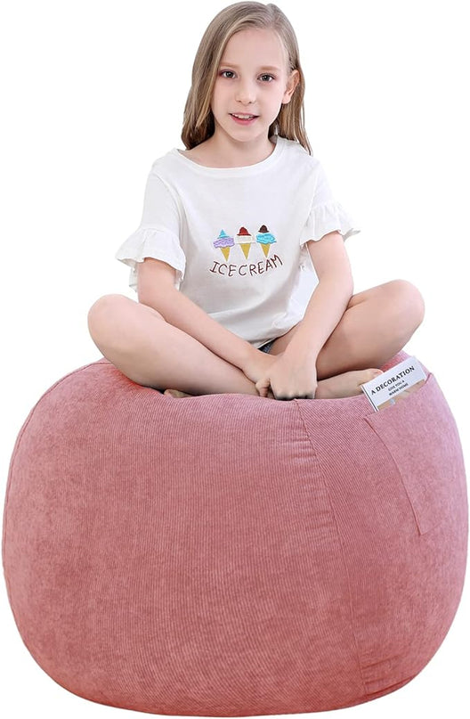 Stuffed Animal Storage Bean Bag Chair Cover (No Filler) for Kids and Adults.Soft Premium Corduroy Stuffable Beanbag for Organizing Children Plush Toys or Memory Foam Small 100L (Pink) - LeafyLoom