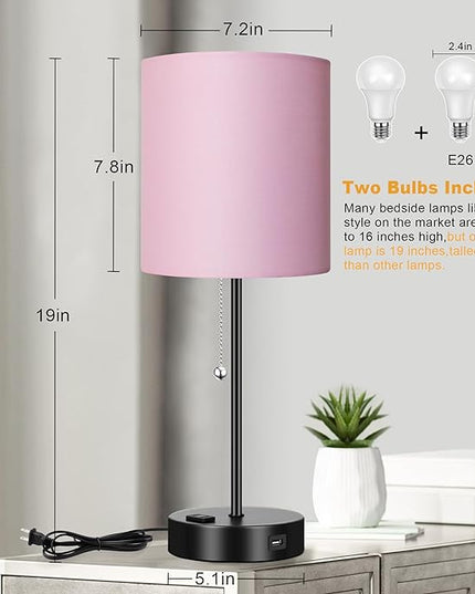 WIHTU 3 Color Temperature Bedside Table Lamps Set of 2, Modern Small Lamp with USB and Outlet, Bedroom Lamp for Nightstand with Chain Switch, Pink Desk Lamp for Living Room, Two Bulbs Included - LeafyLoom