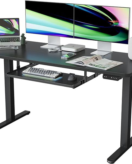 FEZIBO Standing Desk with Keyboard Tray, 55 × 24 Inches Electric Height Adjustable Desk, Sit Stand Up Desk, Computer Office Desk, Black - LeafyLoom