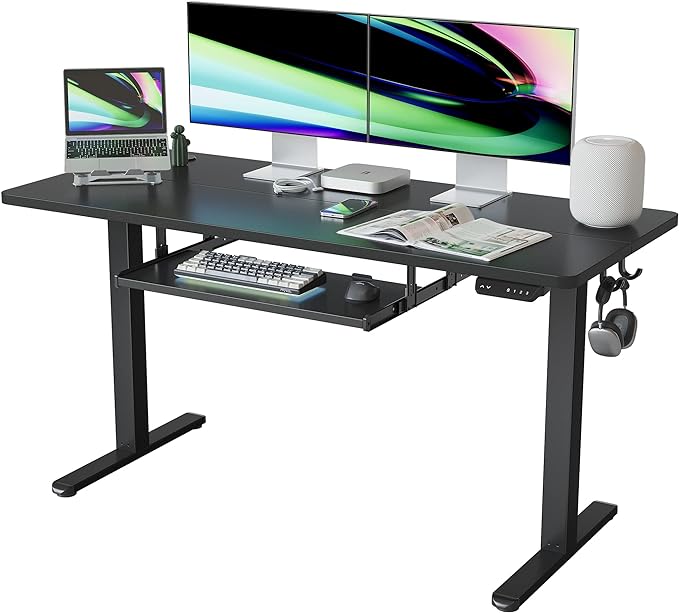 FEZIBO Standing Desk with Keyboard Tray, 55 × 24 Inches Electric Height Adjustable Desk, Sit Stand Up Desk, Computer Office Desk, Black - LeafyLoom