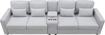 114" Modern Sofa, 4-seat Couch with Console, 2 Cupholders and 2 USB Ports Wired or Wirelessly Charged and 4 Pillows for Living Room, Apartment, 114.2inch, Light Gray - LeafyLoom