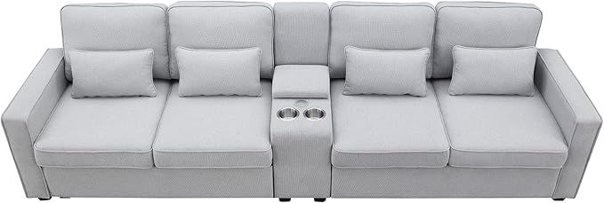 114" Modern Sofa, 4-seat Couch with Console, 2 Cupholders and 2 USB Ports Wired or Wirelessly Charged and 4 Pillows for Living Room, Apartment, 114.2inch, Light Gray - LeafyLoom