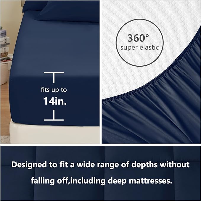 CozyLux King Size Comforter Set - 7 Pieces Bed in a Bag Set Navy Blue, King Bedding Set with All Season Quilted Comforter, Flat Sheet, Fitted Sheet, Pillowcases - LeafyLoom