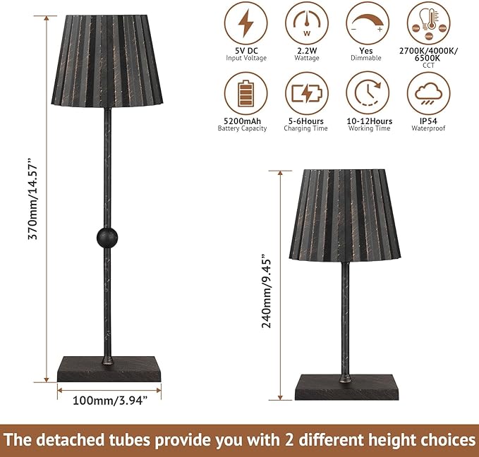 GGOYING Cordless Table Lamp,Battery Operated LED Lamp with 5200mAh,3 Color Mode,Stepless Dimming, Modern Portable Lamp for RestaurantOutdoor(Black Brush Gold) - LeafyLoom