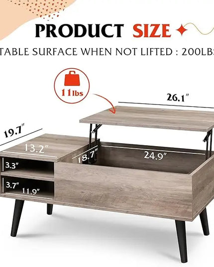 WLIVE Lift Top Coffee Table with Storage for Living Room,Small Hidden Compartment and Adjustable Shelf,Mid Century Modern ,Wood,Greige - LeafyLoom