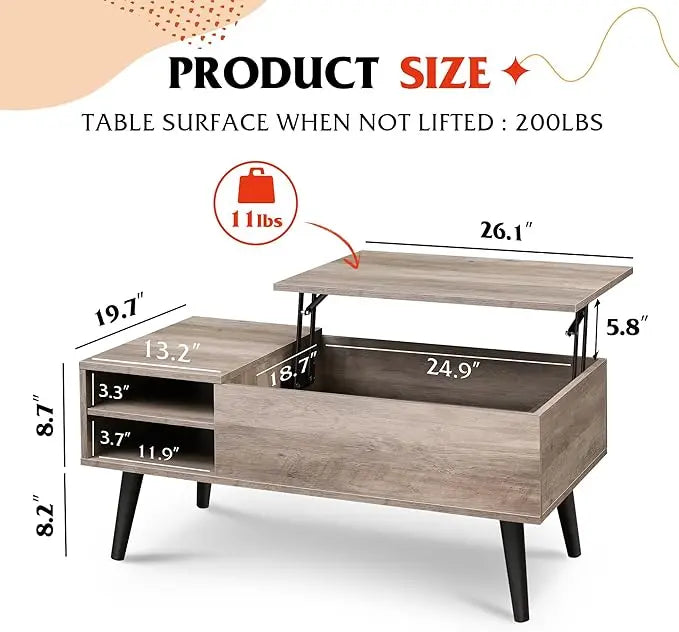 WLIVE Lift Top Coffee Table with Storage for Living Room,Small Hidden Compartment and Adjustable Shelf,Mid Century Modern ,Wood,Greige - LeafyLoom