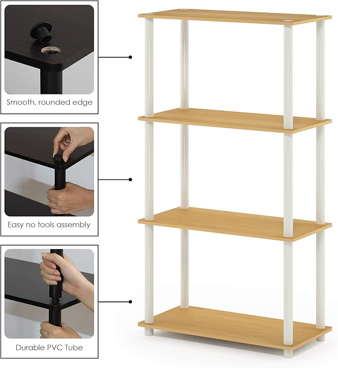 Furinno Turn-N-Tube 4-Tier Multipurpose Shelf Display Rack, Round Tubes, Blonde Maple/White - LeafyLoom