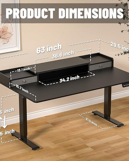 63×30 Inch Electric Standing Desk with 2 Drawers, Adjustable Height Widened Stand Up Desk with Storage Shelf, Sit to Stand Ergonomic Workstation for Home Office - LeafyLoom