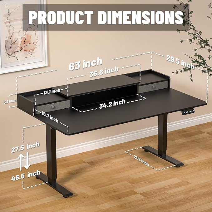 63×30 Inch Electric Standing Desk with 2 Drawers, Adjustable Height Widened Stand Up Desk with Storage Shelf, Sit to Stand Ergonomic Workstation for Home Office - LeafyLoom