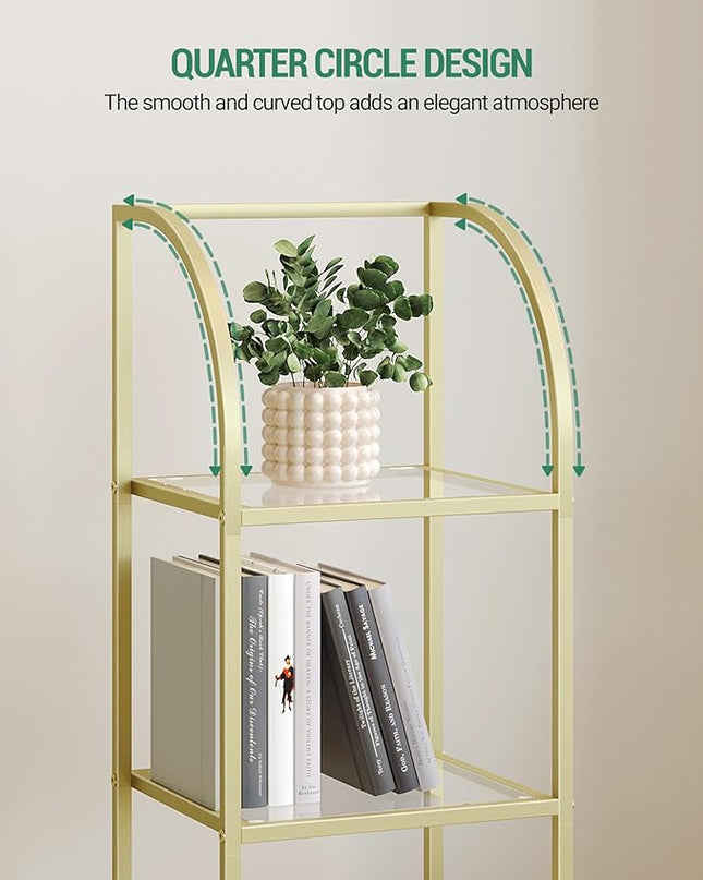Bookcase Bookshelf, Tempered Glass Arched Bookshelf for More Storage, Slim Shelving Unit for Bedroom, Bathroom, Home Office, Steel Frame, 5 Tier Gold BC20599G - LeafyLoom
