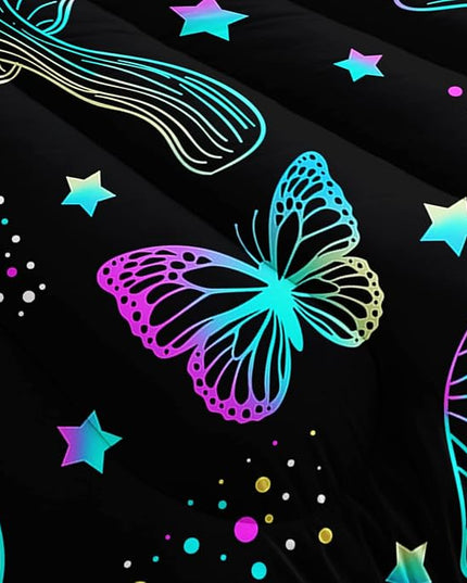 Colorful Mushroom Comforter Set Queen Size Kids Mushroom Butterfly Bedding Set Star Quilt Bed Set for Boys Girls Adults with 1 Comforter and 2 Pillowcases - LeafyLoom