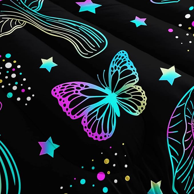Colorful Mushroom Comforter Set Queen Size Kids Mushroom Butterfly Bedding Set Star Quilt Bed Set for Boys Girls Adults with 1 Comforter and 2 Pillowcases - LeafyLoom