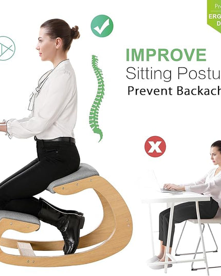Predawn Ergonomic Kneeling Chair,Rocking Knee Chair Upright Posture Chair for Home Office Meditation Wooden & Linen Cushion-Office Chair for Back Neck Pain Relief & Improving Posture (White Oak-Grey) - LeafyLoom