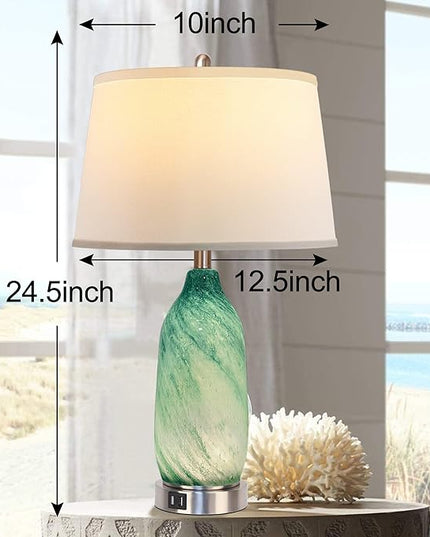 Contemporary Lake Green Glass Table Lamp with 2 USB Ports, 24.5'' Bedside Lamps Built in LED Nightlight with White Shade Coastal Modern Style Nightstand Lamp for Living Room Bedroom Office Décor - LeafyLoom