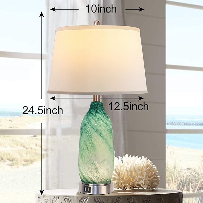 Contemporary Lake Green Glass Table Lamp with 2 USB Ports, 24.5'' Bedside Lamps Built in LED Nightlight with White Shade Coastal Modern Style Nightstand Lamp for Living Room Bedroom Office Décor - LeafyLoom
