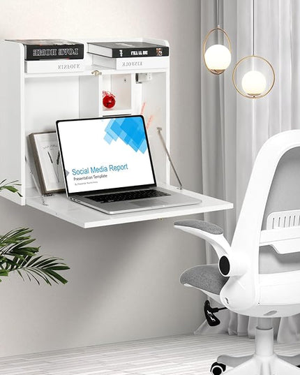 YUSING Wall Mounted Table, Multifunctional Fold Down Wall Mounted Laptop Computer Desk with Storage Compartments for Home, Office, White - LeafyLoom