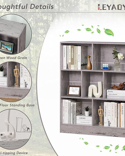 LEYAOYAO 7 Cube Bookshelf with Base,3 Tier Mid-Century Modern Grey Bookcase,Standing Wide Bookshelves Storage Organizer Shelf,Rustic Wood Display Cabinet Book Shelves for Bedroom,Living Room,Office - LeafyLoom