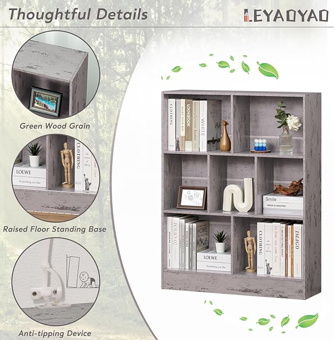 LEYAOYAO 7 Cube Bookshelf with Base,3 Tier Mid-Century Modern Grey Bookcase,Standing Wide Bookshelves Storage Organizer Shelf,Rustic Wood Display Cabinet Book Shelves for Bedroom,Living Room,Office - LeafyLoom