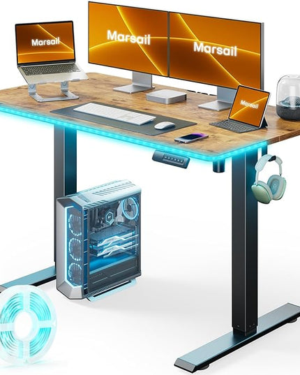 Marsail Electric Standing Desk Adjustable Height, 48 * 24 Inch Sit Stand up Desk for Home Office Furniture Computer Desk with 3 Memory Presets, Headphone Hook, Rustic Brown - LeafyLoom